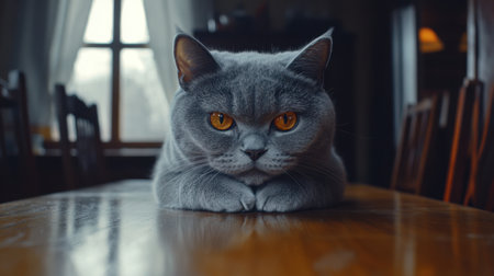This captivating image features a regal gray British Shorthair cat lounging on a wooden table, showcasing its soft fur and striking orange eyes. Perfect for pet lovers.の素材