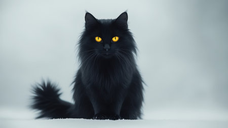 A regal black cat with glowing yellow eyes sits calmly, exuding elegance and mystery. Its striking fur and focused gaze create a captivating portrait.の素材