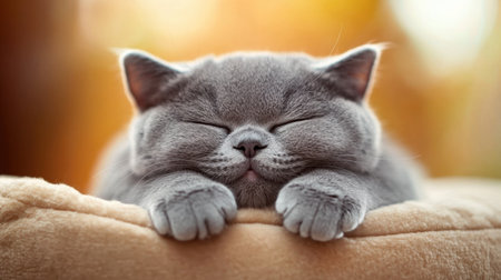 This adorable British Shorthair cat is peacefully sleeping, surrounded by warm light. Its rich gray fur and sweet expression create a cozy and tranquil scene, perfect for cat lovers.の素材
