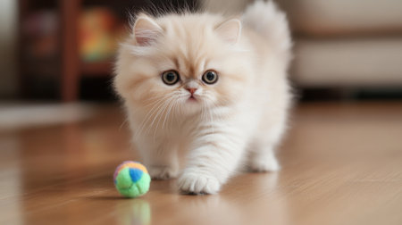 A delightful Persian kitten with soft cream fur explores its surroundings. This playful and adorable pet is captured in a cozy indoor setting, radiating charm and joy.の素材
