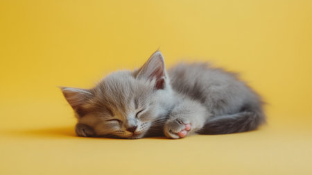 This adorable gray kitten is peacefully napping against a bright yellow background. Its soft fur and cute expression capture pure tranquility and charm.の素材