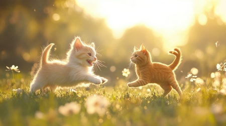 Two playful kittens frolic in a sunlit field, chasing each other among blooming flowers, capturing the essence of joy and youthful energy in nature.の素材