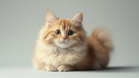 A charming cream kitten with fluffy fur rests peacefully, showcasing its adorable features and warm golden eyes. This image captures the essence of tranquility and cuteness.の素材