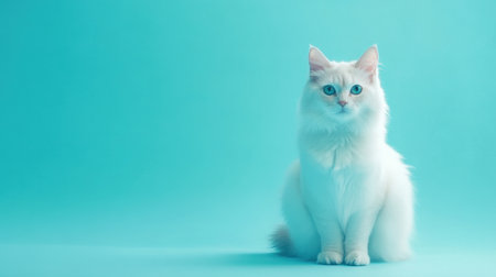 A beautiful Scottish Straight Longhair cat sits gracefully against a turquoise background, showcasing its fluffy coat and captivating eyes.の素材