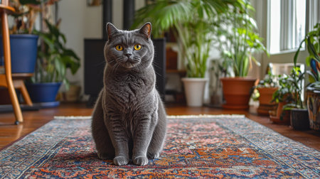 A majestic gray British Shorthair cat sits gracefully on a vibrant rug in a cozy indoor setting, surrounded by lush greenery, creating a peaceful atmosphere.の素材