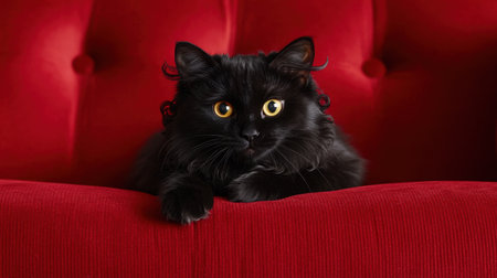A striking American Curl cat with jet black fur lounges gracefully on a plush red couch, showcasing its captivating golden eyes and fluffy texture.の素材