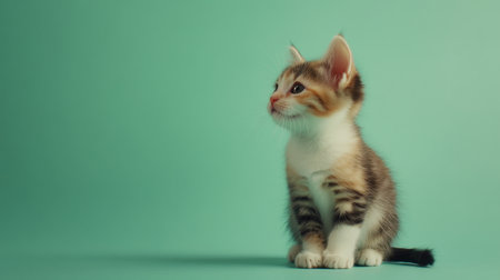 This charming small calico kitten with soft fur radiates cuteness. Sitting calmly against a vibrant green background, it captures a sense of innocence and playfulness.の素材