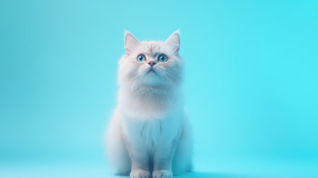 This image features a dreamy Scottish Straight Longhair cat with captivating blue eyes, sitting gracefully against a soft blue background.の素材