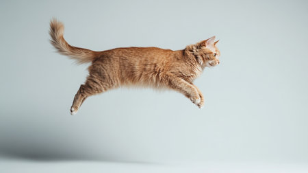 A spirited orange cat leaps gracefully upward in a studio setting, showcasing its playful nature and dynamic motion against a soft background.の素材