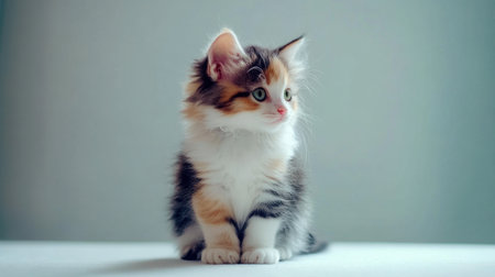 This charming calico kitten with a pink nose captures innocence and curiosity. Perfect for pet lovers, this image highlights adorable feline features.の素材