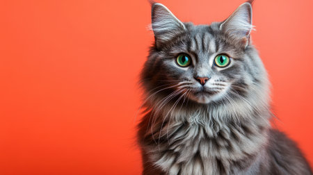 A stunning portrait of a smoky gray Scottish Longhair cat with bright green eyes against a vibrant orange background, showcasing its enchanting beauty and soft fur.の素材