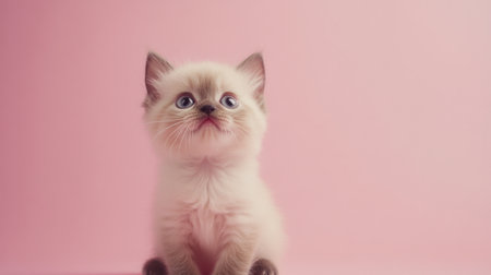 This adorable fluffy kitten with short legs poses cutely against a soft pink background, showcasing its charming innocence and playful spirit. Perfect for animal lovers!の素材