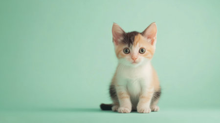 This charming small calico kitten sits gracefully against a soft pastel background. With its big curious eyes and lovely fur, it exudes innocence and charm, perfect for animal lovers.の素材