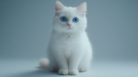A beautiful white cat with striking blue eyes sits gracefully in a serene setting. Its soft, fluffy fur and gentle expression radiate calmness and charm.の素材