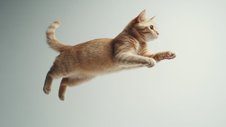 A striking image of an orange cat gracefully leaping upward in mid-air. The dynamic pose captures the cat's playful spirit and agility against a soft background.の素材