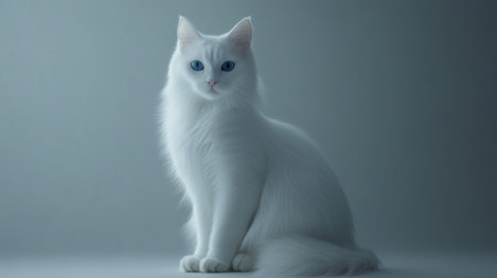 This stunning portrait captures a fluffy white cat with silky fur and piercing blue eyes, showcasing its elegance and serene personality in soft lighting.の素材