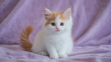 An adorable white and orange munchkin kitten sits gracefully against a soft purple background, showcasing its playful personality and fluffy coat.の素材