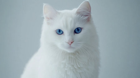 This stunning image features an elegant white cat with captivating blue eyes, showcasing its luxurious fur and serene expression in a minimalistic setting.の素材