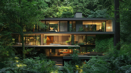 A stunning two-storey contemporary house set amidst lush greenery, featuring large windows and a seamless blend of modern design with nature.の素材