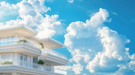 A stunning 3D illustration showcasing a modern three-storied duplex against a bright blue sky filled with fluffy clouds, highlighting architectural elegance and outdoor space.の素材