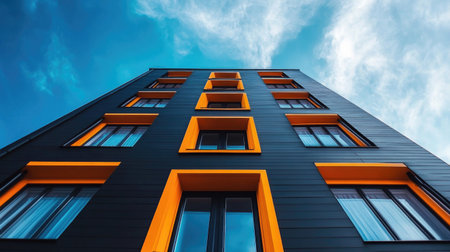 Explore a modern architectural facade showcasing sleek black siding and vibrant orange accents under a dramatic blue sky. Perfect for design inspiration.の素材