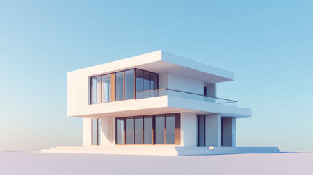 This stunning 3D rendering showcases a sleek, modern two-story house with large glass windows and a minimalist aesthetic, perfect for contemporary architecture enthusiasts.の素材