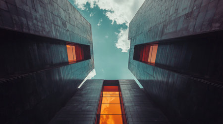 A stunning view of modern architecture featuring sharp lines and vibrant reflections, framed by dramatic clouds in a dynamic urban landscape.の素材