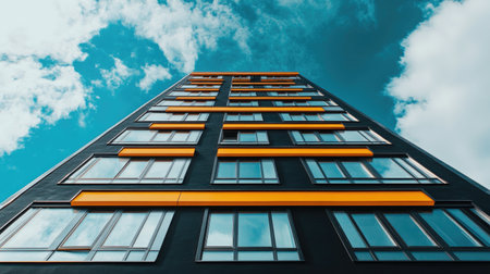 This captivating image showcases a modern black building accentuated by vibrant orange features, captured from a unique upward perspective against a dramatic sky.の素材