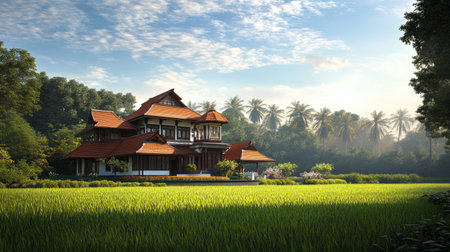 Explore a stunning 3D visualization of a traditional Indian villa nestled in lush greenery, showcasing exquisite architecture and serene surroundings under soft sunlight.の素材