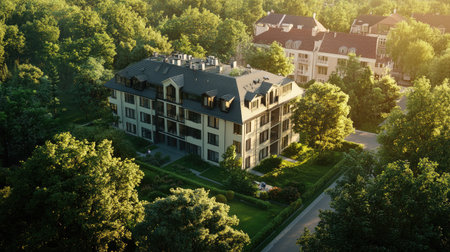 A stunning 3D rendering showcasing a stylish residential apartment surrounded by lush greenery and modern architecture, emphasizing harmony in design.の素材