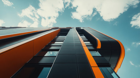 A striking perspective of a modern architectural marvel showcasing bold lines and vibrant colors. Captured under a bright sky, this image highlights urban design.の素材
