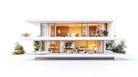 This modern 3D illustration showcases a contemporary house design with large glass windows and an inviting interior layout, perfect for creative inspiration.の素材