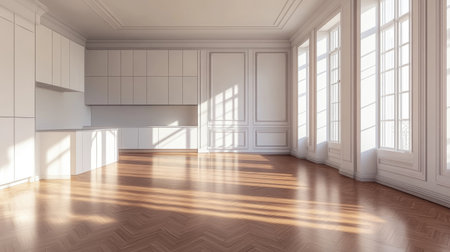 This image showcases a bright, airy, and spacious room with ample natural light streaming through large windows, highlighting its elegant design and minimalist decor.の素材