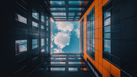 Experience a captivating view of a modern building in Tallinn. This striking photographic perspective captures the interplay of architecture and sky, showcasing vibrant colors and geometric lines.の素材