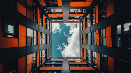 Captivating view of a modern building's courtyard in Tallinn, showcasing bold orange accents contrasting with a vibrant sky and clouds overhead.の素材