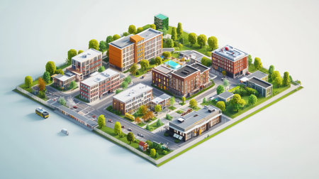 Vibrant 3D illustration showcasing a charming mixed-use area with modern buildings, green spaces, and well-planned streets for community interaction.の素材