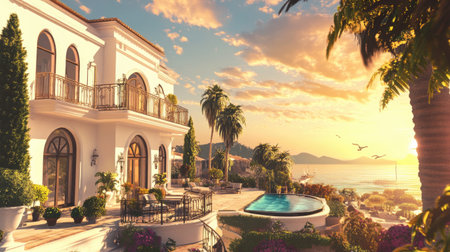 Discover an exquisite 3D illustration showcasing a luxury home at sunset. This stunning exterior captures the elegance and charm of modern design, with a serene pool and beautiful gardens.の素材
