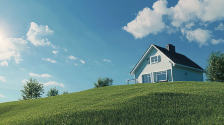 A charming Nordic house gracefully sits atop a sunny hill, surrounded by lush greenery and under a bright blue sky dotted with clouds, offering a peaceful retreat.の素材