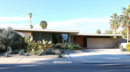 A stunning modern flat roof home showcasing minimalist design with a seamless integration of landscape, featuring lush greenery and inviting outdoor spaces.の素材