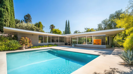 A stunning modern house featuring a flat roof and sleek concrete walls, surrounded by a tranquil garden and a refreshing swimming pool under the sun.の素材