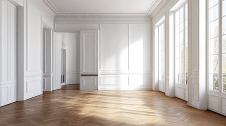 This spacious minimalist room features large windows that invite natural light. The clean design and elegant wooden floor create a tranquil atmosphere, perfect for various decor styles.の素材