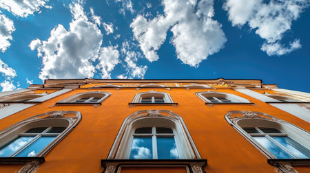A stunning perspective of a stylish orange building against a vibrant blue sky filled with fluffy clouds, showcasing modern architecture and design elements.の素材