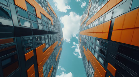 This striking image captures a modern building from a unique perspective, showcasing its vivid colors and exceptional architectural design against a bright sky.の素材