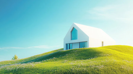 This image showcases a modern Nordic house elegantly positioned on a grassy hill, bathed in sunlight, creating a serene and tranquil atmosphere.の素材