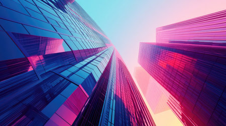 Experience a stunning 3D render of a modern skyscraper, showcasing vibrant colors and unique angles that highlight contemporary architectural design.の素材