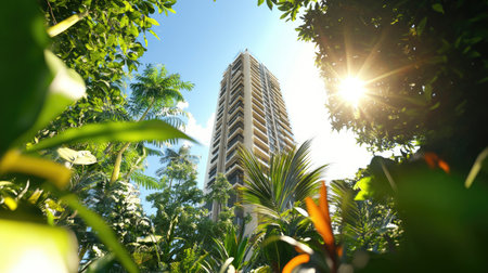A stunning dynamic 3D illustration of a high-rise building surrounded by lush greenery. The image captures a beautiful blend of nature and modern architecture.の素材
