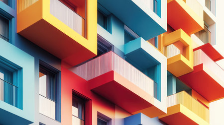 Explore a visually striking contemporary apartment facade featuring innovative 3D design elements and vibrant colors, showcasing modern architectural trends.の素材