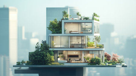 Discover an elegant 3D illustration showcasing a contemporary office design that blends modern architecture with greenery. Perfect for creative inspiration.の素材