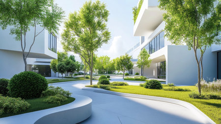 A vibrant 3D illustration showcasing a modern educational environment with lush greenery, designed to promote tranquility and innovation in urban landscaping.の素材