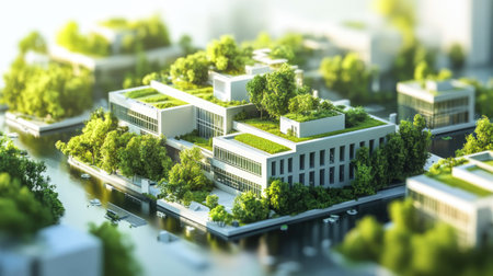 A vibrant 3D illustration depicting modern educational architecture integrated with lush greenery, creating a dynamic and sustainable urban environment.の素材
